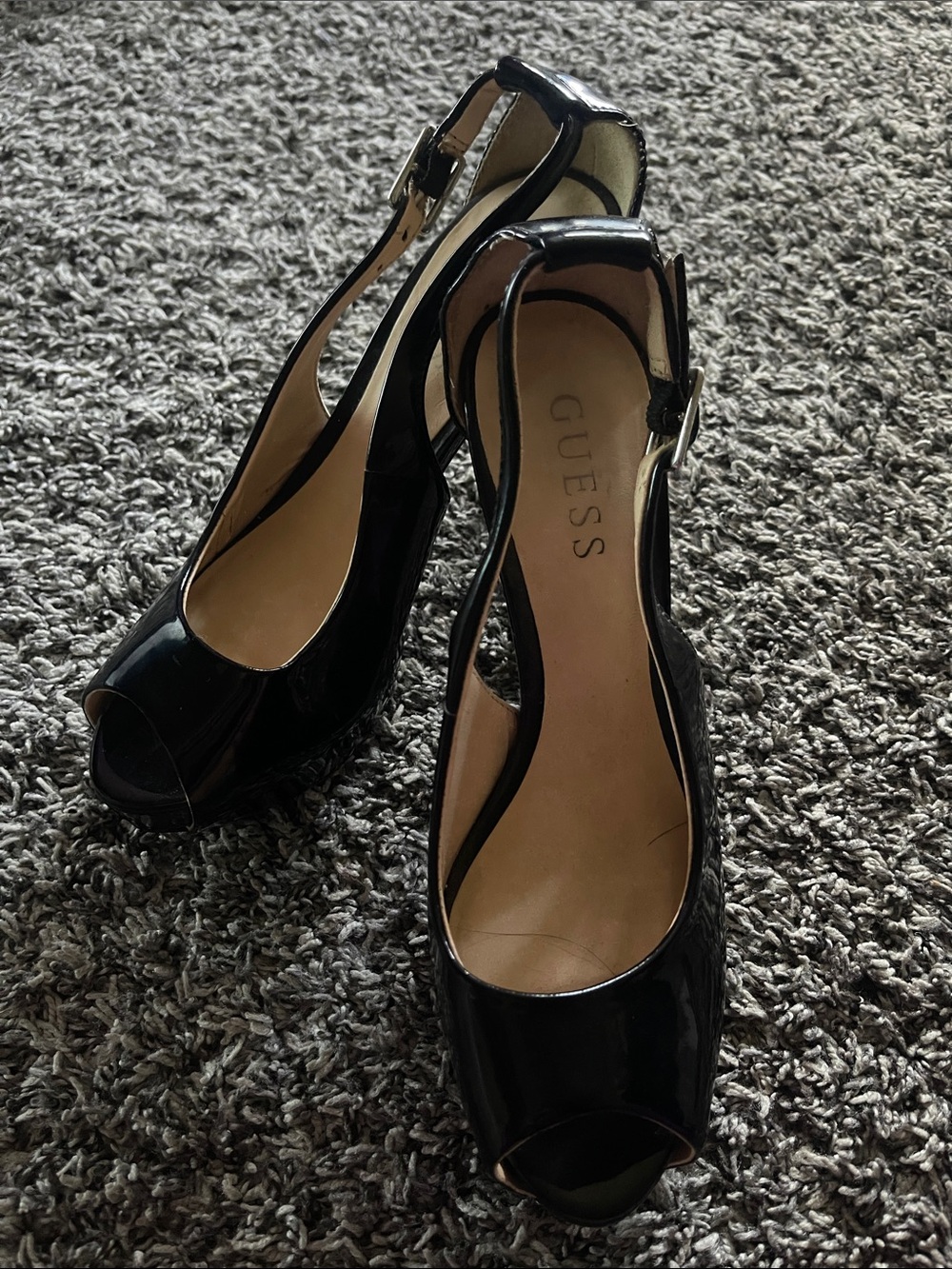 GUESS Black Patent Peep-Toe Slingback Heels (6M)